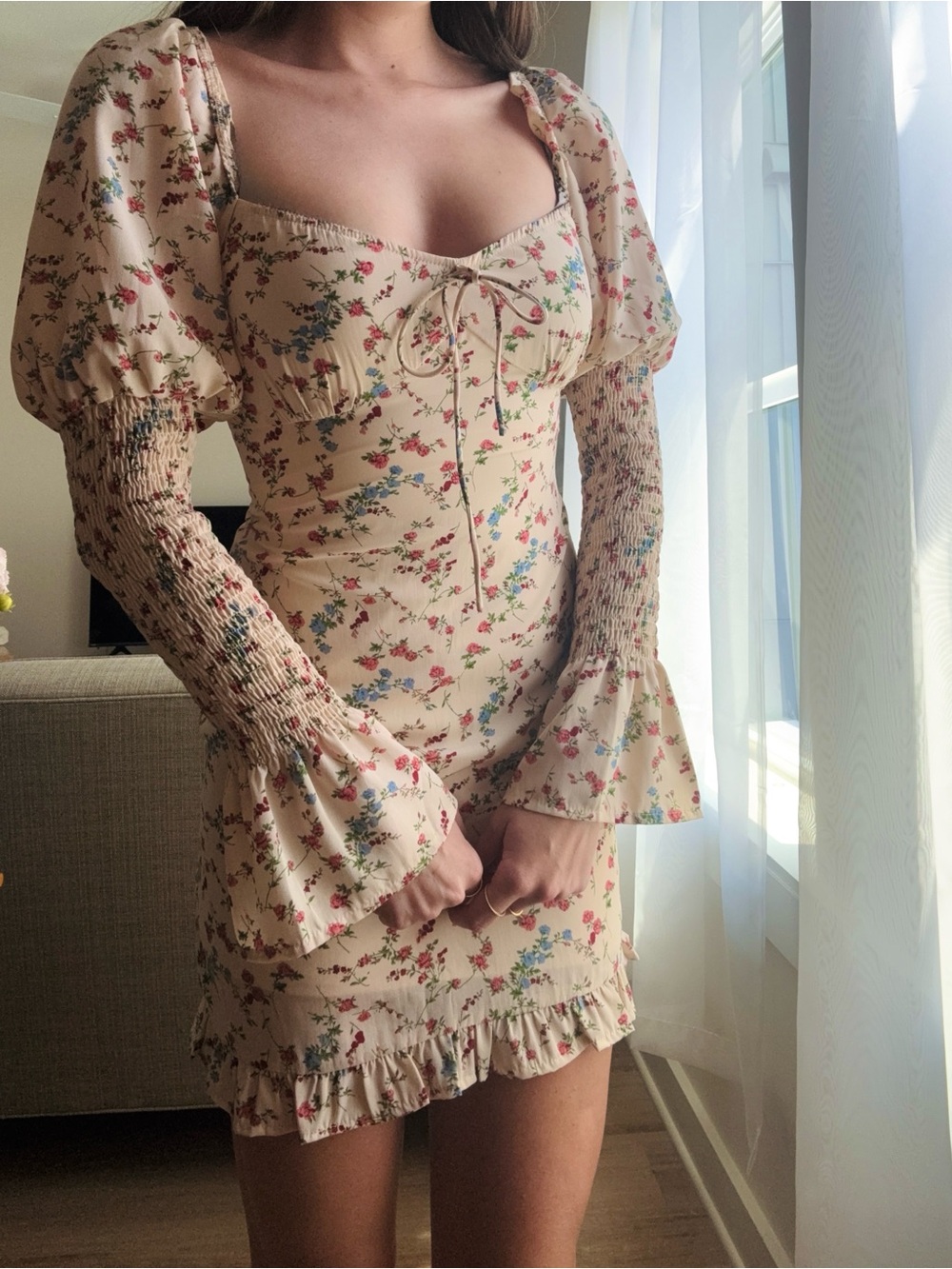 American Threads Cream Floral Smocked Puff-Sleeve Mini Dress